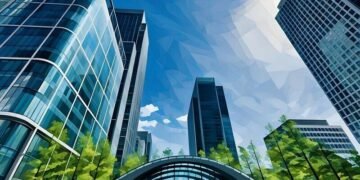 A series of office buildings as you exit Canary wharf station on a sunny day and look back, where the majority of UK private equity funds are based