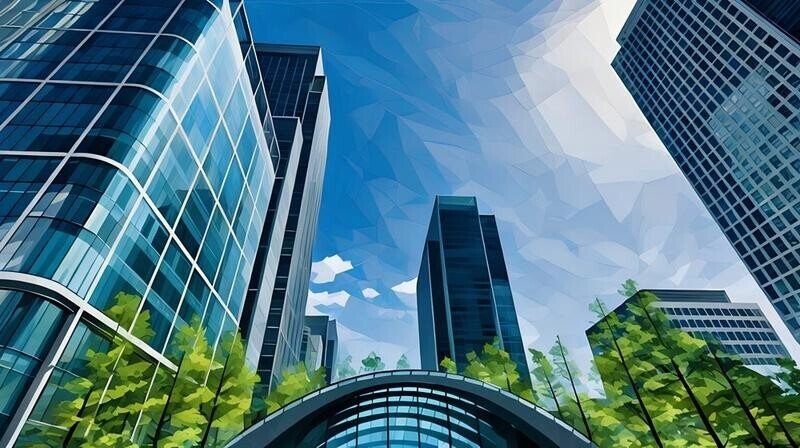 A series of office buildings as you exit Canary wharf station on a sunny day and look back, where the majority of UK private equity funds are based