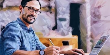 Entrepreneur sitting a desk smiling while he carries out the daily work of running a business