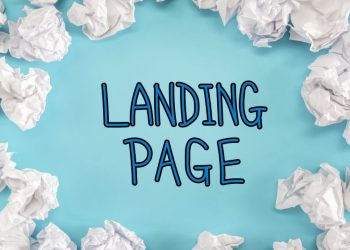 A set of scrunched up paper landing page designs with the words landing page in the center of the image against a blue background