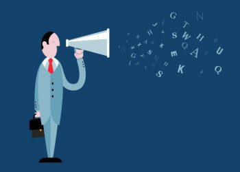 A businessman using a megaphone to communiicating that is spitting out random letters as an example of one method of communication