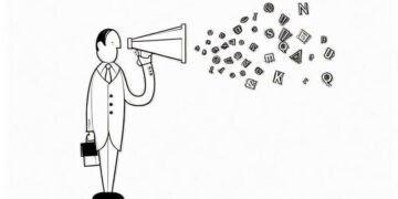 A man holding a speakerphone with symbols for different forms of communication coming out of it such as email and telephone