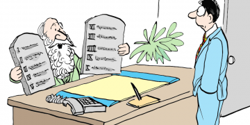 An office worker asking his boss about work rules (whose dressed as a religious figure holding stone tablets)