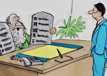 An office worker asking his boss about work rules (whose dressed as a religious figure holding stone tablets)