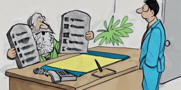 An office worker asking his boss about work rules (whose dressed as a religious figure holding stone tablets)