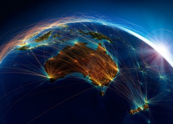 Australia viwed from space with light lines connecting it to other countries showing its powerful private equity base and connections