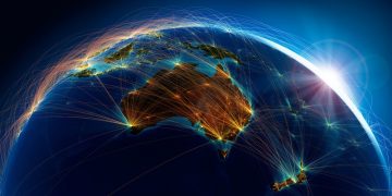 Australia viwed from space with light lines connecting it to other countries showing its powerful private equity base and connections
