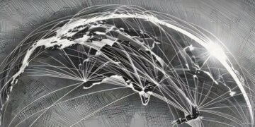 Australia viwed from space with light lines connecting it to other countries showing its powerful private equity base and connections