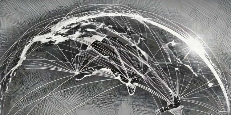 Australia viwed from space with light lines connecting it to other countries showing its powerful private equity base and connections