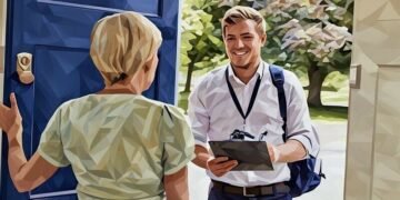 A women opens her door and begins to answer survey questions