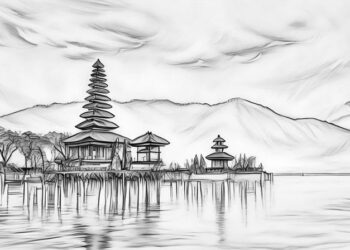 A famous temple in Bali set next to a blue lake, exampling how beautiful Bali is to work in