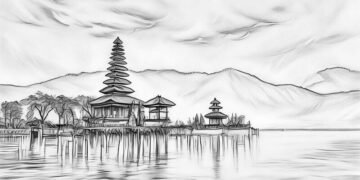A famous temple in Bali set next to a blue lake, exampling how beautiful Bali is to work in