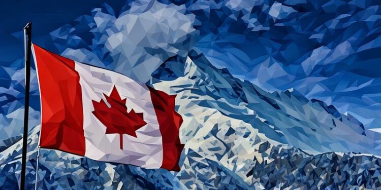 Canadian flag flying over a mountain, symbolising Canada