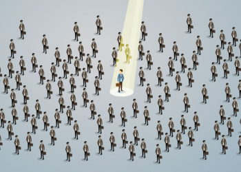 Hundreds of potential candidates with a spotlight on one in brighter colours,, showing how recruitment agencies can fight through the noise and find the right candidate