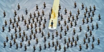 Hundreds of potential candidates with a spotlight on one in brighter colours,, showing how recruitment agencies can fight through the noise and find the right candidate