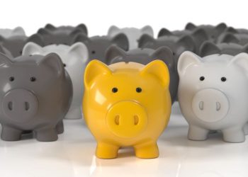A series of piggy banks in grey with one highlighted in gold exampling the best business bank and account found