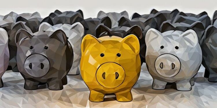 A series of piggy banks in grey with one highlighted in gold exampling the best business bank and account found