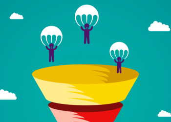 A series of people parachuting into a sales pipeline which shows the different stages highlighted by different colours