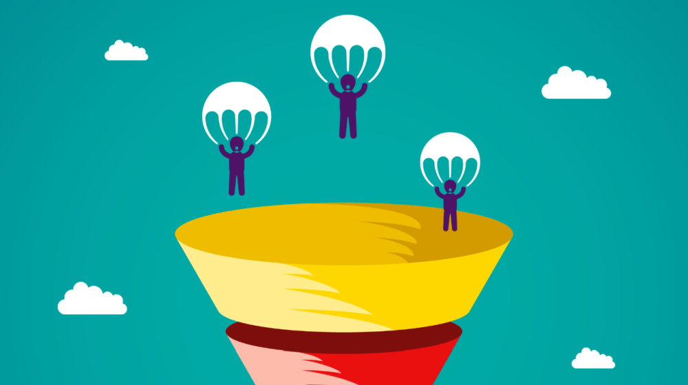 A series of people parachuting into a sales pipeline which shows the different stages highlighted by different colours