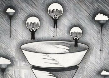 A series of people parachuting into a sales pipeline which shows the different stages highlighted by different colours