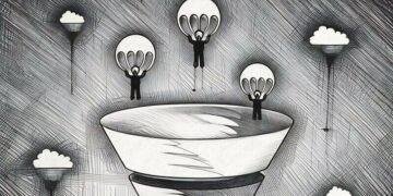 A series of people parachuting into a sales pipeline which shows the different stages highlighted by different colours
