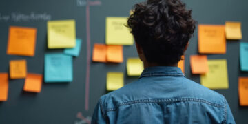From the perspective of behind a man staring at a chalk board with notes on it, planning a new business strategy visually