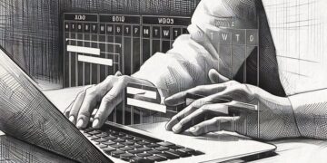 A person hands closeup working at a laptop with a graphic of a calendar for scheduling social media posts coming up from the screen