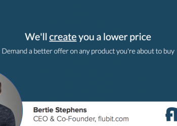 Headshot of Flubit.com co-founder Bertie Stephens and imposed on a graphic with the company byline "We'll create you a lower price" and company logo