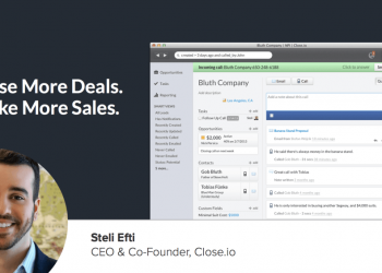 A head shot image of Steli Efti against the backdrop of a example of his startup Close.IO's software in action