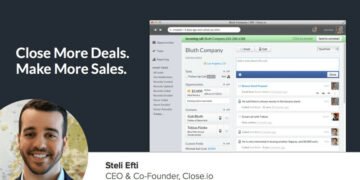 A head shot image of Steli Efti against the backdrop of a example of his startup Close.IO's software in action