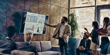 A business leader giving sales presentation using his brilliant techniques