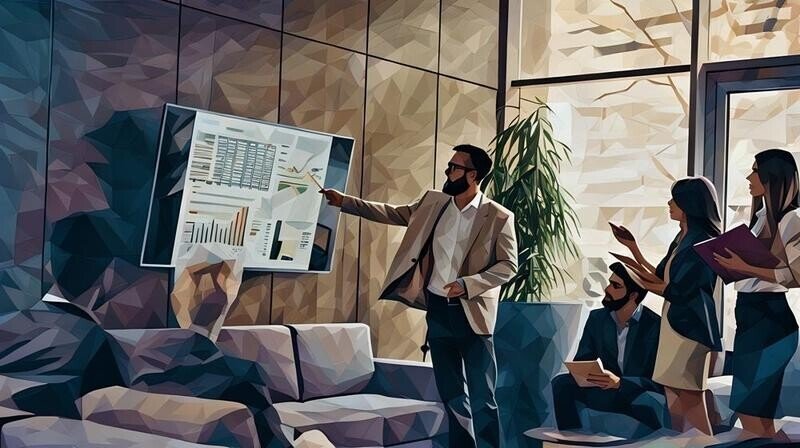 A business leader giving sales presentation using his brilliant techniques