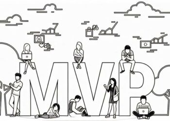 Abbreviation of a minimum viable product in word form surrounded by new entrepreneurs and small business owners