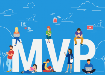 Abbreviation of a minimum viable product in word form surrounded by new entrepreneurs and small business owners