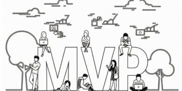 Abbreviation of a minimum viable product in word form surrounded by new entrepreneurs and small business owners