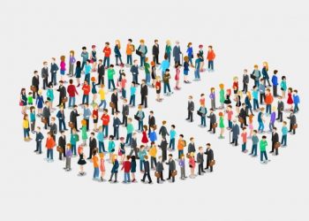 A group of people in a circle with one segment of the circle people cut out representing a specific market segment