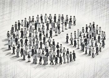 A group of people in a circle with one segment of the circle people cut out representing a specific market segment