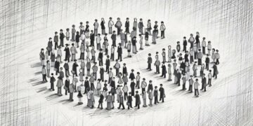 A group of people in a circle with one segment of the circle people cut out representing a specific market segment
