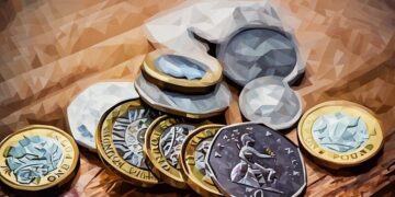 A series of British pound coins and change sitting on a table