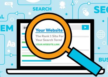 Search results on a laptop with a magnifying glass showing a business ranking number, demonstrating how SEO can improve website rankings