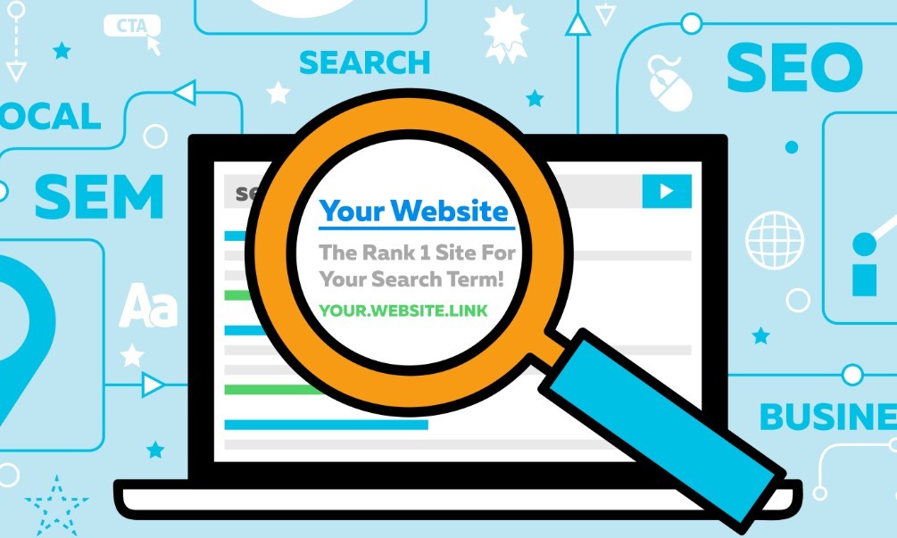 Search results on a laptop with a magnifying glass showing a business ranking number, demonstrating how SEO can improve website rankings