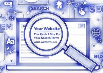 Search results on a laptop with a magnifying glass showing a business ranking number, demonstrating how SEO can improve website rankings