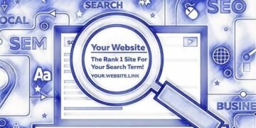 Search results on a laptop with a magnifying glass showing a business ranking number, demonstrating how SEO can improve website rankings