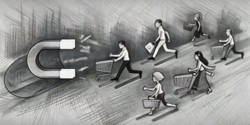 A series of customers with shopping carts being drawn towards a magnet - visual examples of B2B marketing