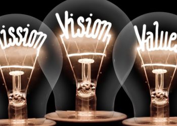 Components of a great mission statement written inside lightbulbs including the words mission, vision and values