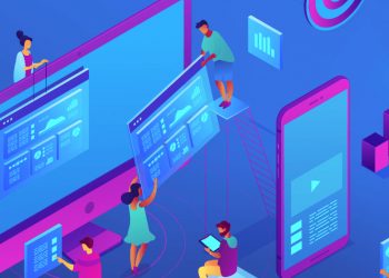 A series of cartoon characters working together to create content marketing