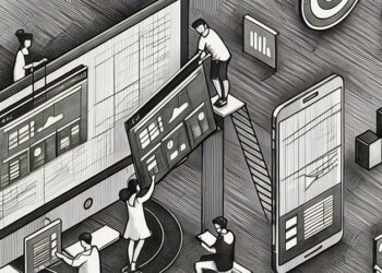 A series of cartoon characters working together to create content marketing