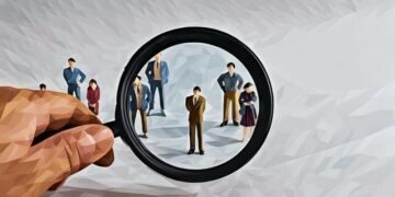 A magnifying glass highlighting a single person from the crowd, showing LinkedIn B2B targeting requires identifying the right decision maker