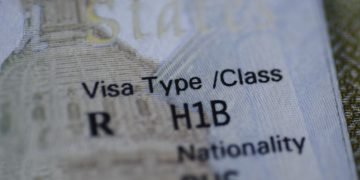 H1B visa from the United States stamp in a passport