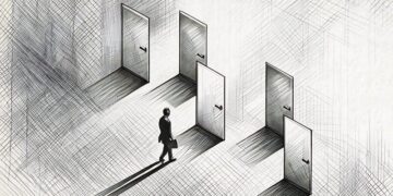 A person choosing a door to enter of 5, the right path for their business
